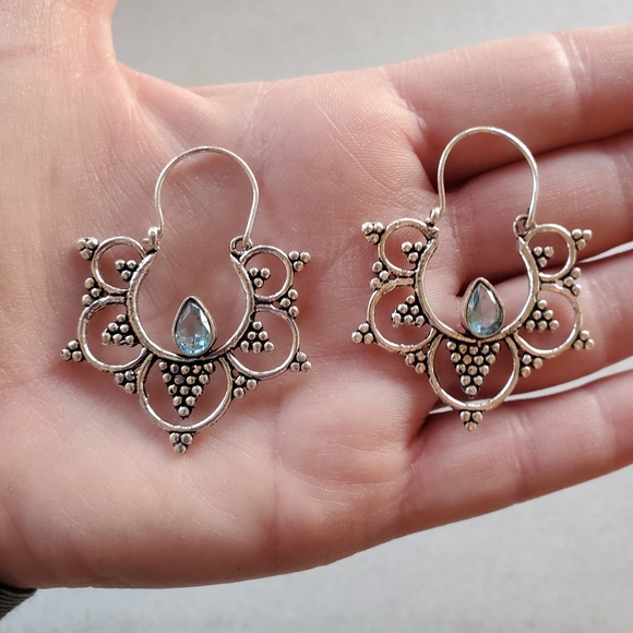 New Round Boho Gypsy Style Blue Quartz Silver Earrings. - Picture 8 of 10